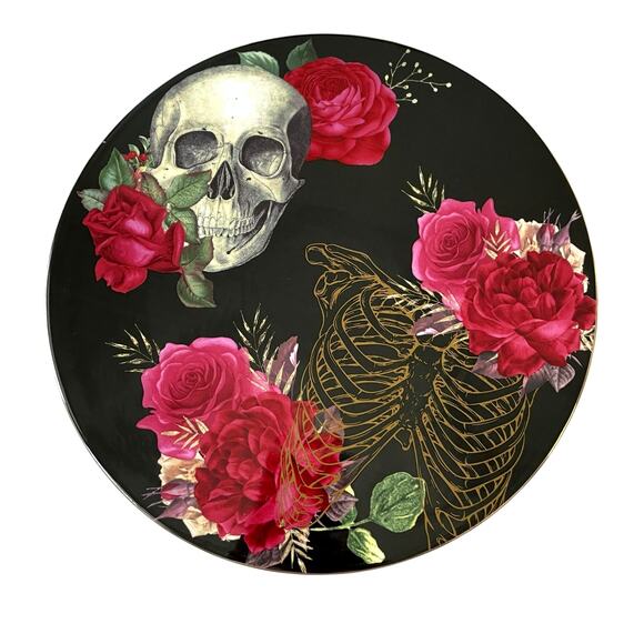 Monterey Bay Fine Porcelain Rose Skull Cake Stand 11in Halloween Goth Glam NEW - Picture 1 of 14